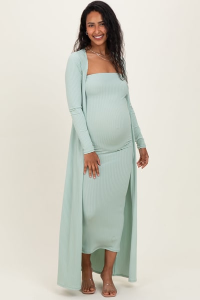 PinkBlush Sage Ribbed Sleeveless Dress Cardigan Maternity Set
