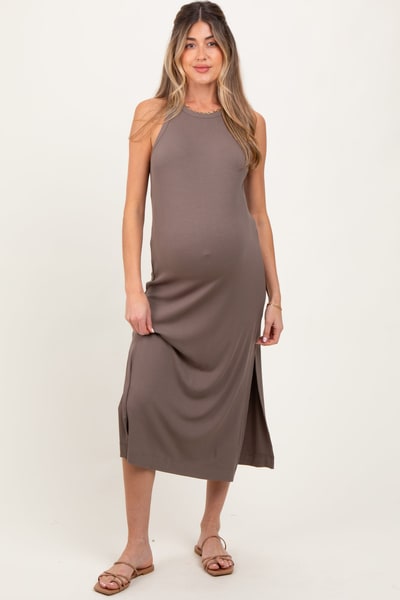PinkBlush Mocha Sleeveless Side Slit Maternity Midi Dress