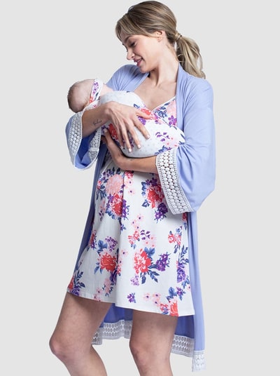 Angel Maternity Hospital Pack: Nursing Dress + Robe + Free Baby Pouch - Blue & Pink