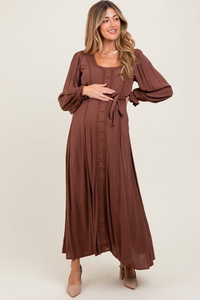 PinkBlush Brown Lace Detail Button Down Maternity Maxi Dress