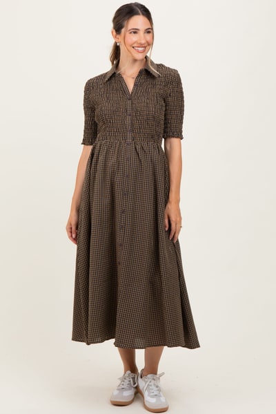 PinkBlush Brown Gingham Smocked Button Down Maternity Midi Dress
