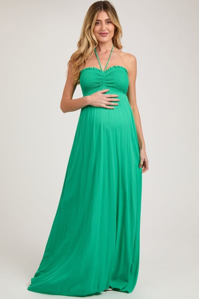 PinkBlush Green Smocked Halter Maternity Maxi Dress