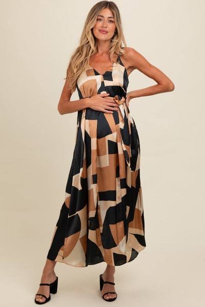 PinkBlush Camel Abstract Print Sash Tie Maternity Maxi Dress