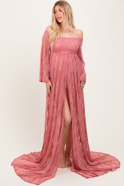 PinkBlush Mauve Lace Long Sleeve Off Shoulder Slit Draped Maternity Photoshoot Dress