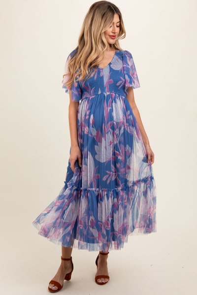 PinkBlush Blue Leaf Print Mesh Smocked Maternity Midi Dress