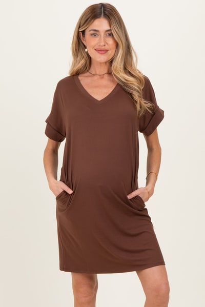 PinkBlush Brown Brushed Rolled Short Sleeve V-Neck Maternity Dress