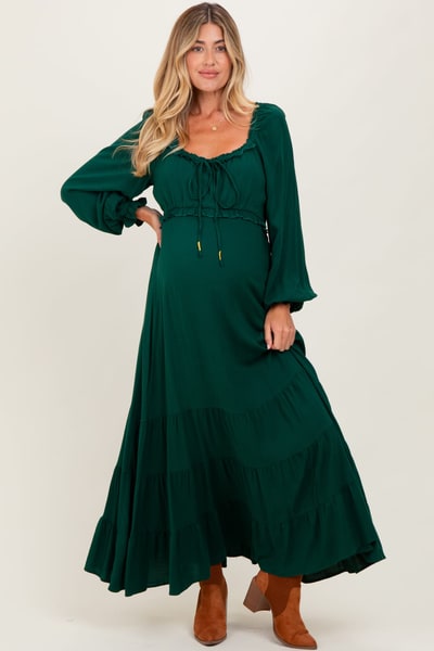 PinkBlush Forest Green Ruffled Fit And Flare Maternity Maxi Dress