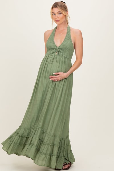 PinkBlush Sage Halter Neck Smocked Maternity Maxi Dress