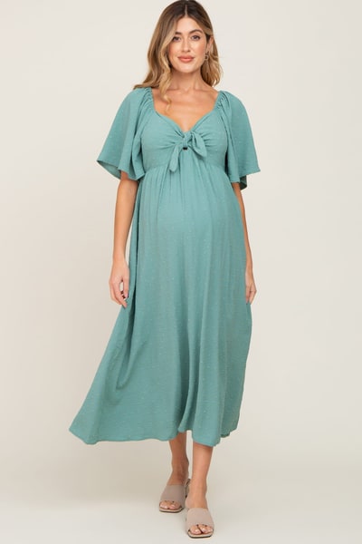 PinkBlush Sage Textured Dot Front Tie Ruffle Sleeve Maternity Midi Dress