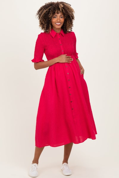 PinkBlush Red Gingham Smocked Button Down Maternity Midi Dress