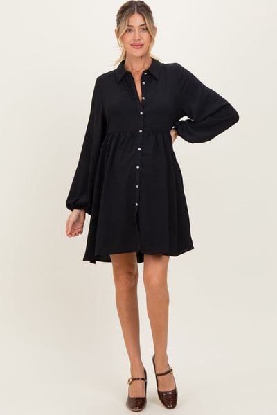 PinkBlush Black Tiered Back Detail Button Down Maternity Dress