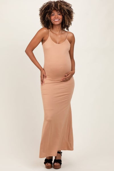 PinkBlush Beige Backless Fishtail Sleeveless Maternity Maxi Dress