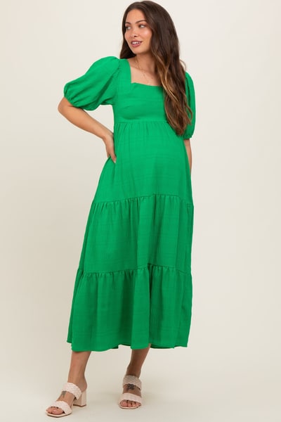 PinkBlush Green Textured Maternity Tiered Midi Dress