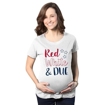 Target Maternity Red White and Due Pregnancy T Shirt Cute Patriotic Baby Tee for Baby Bump - Crazy Dog Maternity T Shirt For Fourth Of July White XXL
