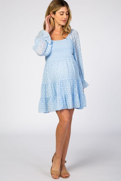 PinkBlush Light Blue Smocked Polka Dot Long Sleeve Maternity Dress