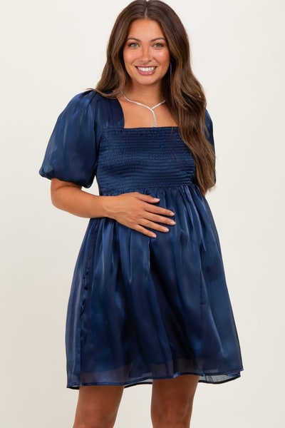PinkBlush Navy Organza Smocked Puff Sleeve Maternity Mini Dress