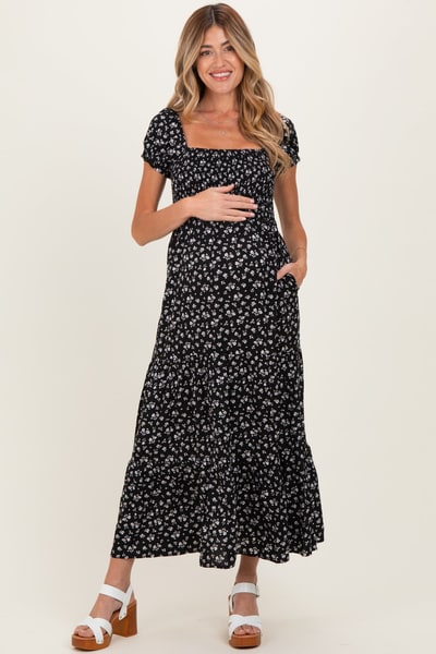 PinkBlush Black Floral Smocked Puff Sleeve Maternity Maxi Dress
