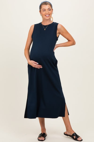 PinkBlush Navy Sleeveless Maternity Midi Dress