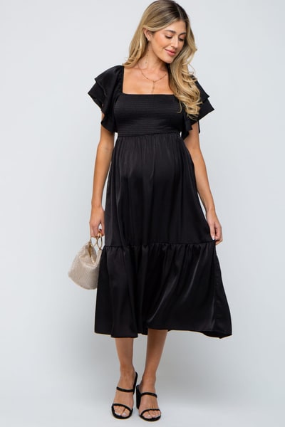 PinkBlush Black Satin Flutter Sleeve Maternity Midi Dress