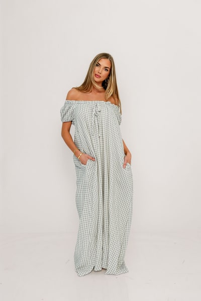 Worth Collective Ensley 100% Cotton Maxi Dress in Light Indigo Plaid - Bump Friendly