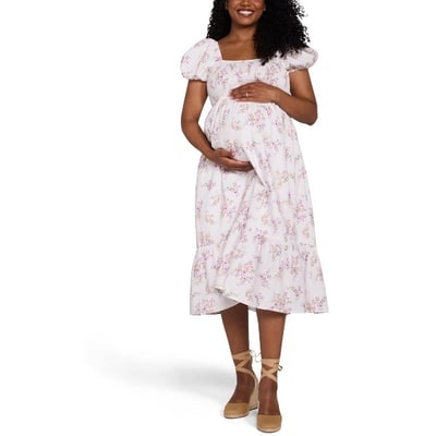 Target Women's Smocked Bodice with Puff Sleeves Maternity Midi Dress - Small Floral - Size: X Large - Motherhood Maternity