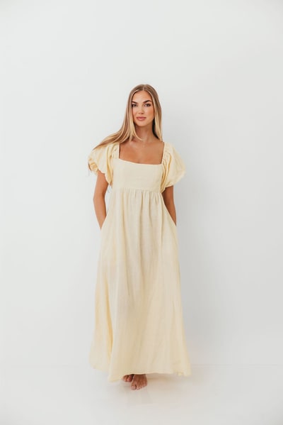 Worth Collective Candace Woven 100% Linen Maxi Dress in Soft Yellow - Bump Friendly