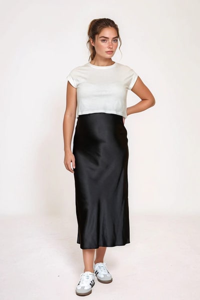 For The Creators Black Satin Midi Maternity Skirt