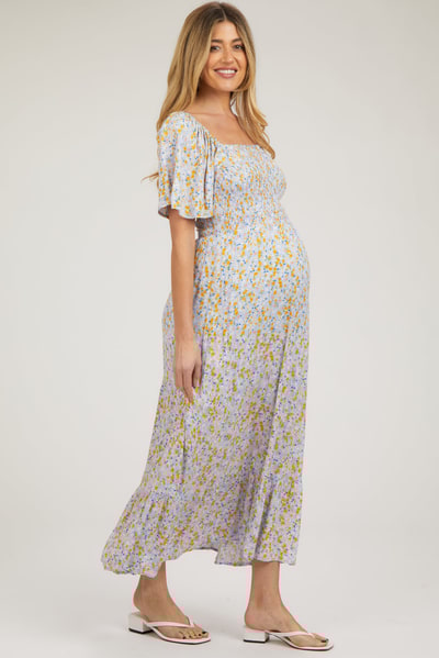 PinkBlush Light Blue Floral Smocked Maternity Maxi Dress
