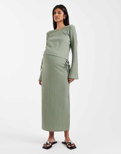 ASOS Mamalicious Maternity textured jersey tie waist midi skirt in khaki green - part of a set