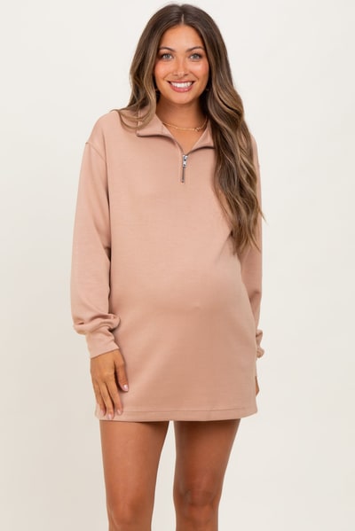 PinkBlush Taupe Half Zip Long Sleeve Maternity Mini Dress