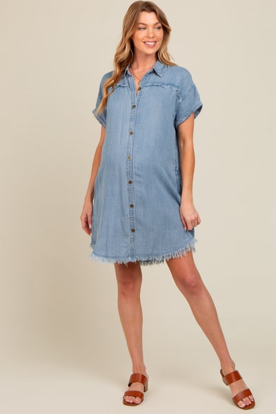 PinkBlush Blue Chambray Frayed Button Down Maternity Dress