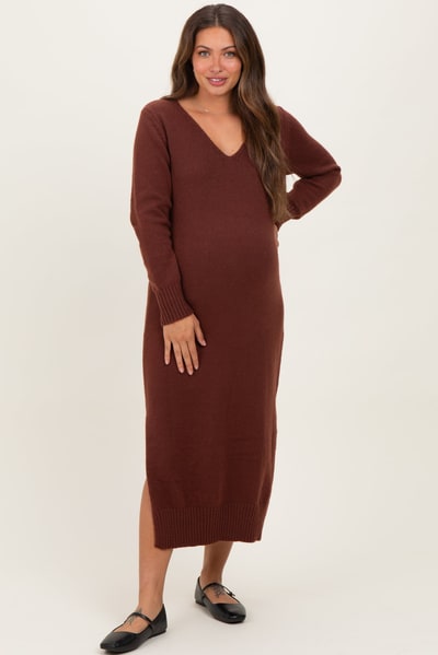 PinkBlush Brown V-Neck Relaxed Fit Maternity Sweater Dress