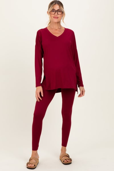 PinkBlush Burgundy Brushed Knit Maternity Oversized Top and Legging Set