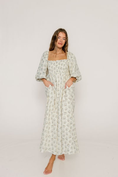 Worth Collective Noa Premium 100% Cotton Maxi Dress in Dusty Blue Floral - Bump Friendly
