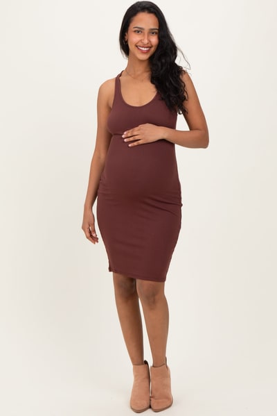 PinkBlush Brown Rib Knit Sleeveless Maternity Dress