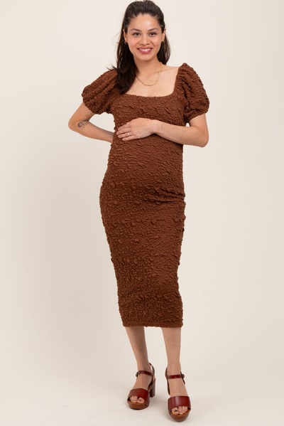 PinkBlush Brown Textured Square Neck Puff Sleeve Maternity Midi Dress