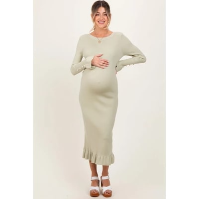 Target Pinkblush Light Olive Ribbed Knit Bow Back Maternity Maxi Dress Large