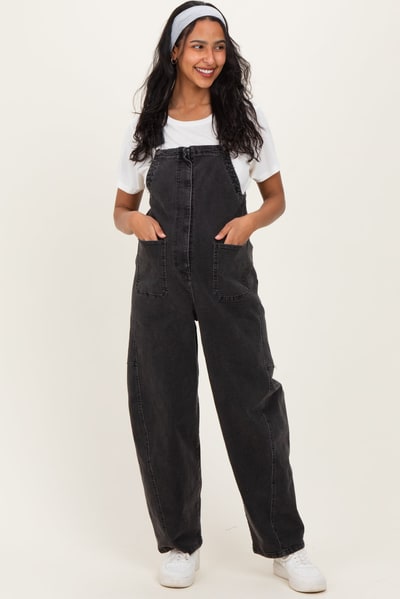 PinkBlush Black Washed Denim Maternity Overalls