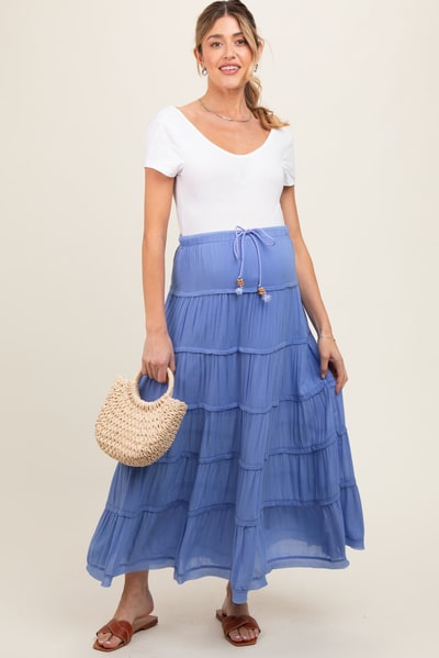 PinkBlush Periwinkle Drawstring Tiered Maternity Maxi Skirt