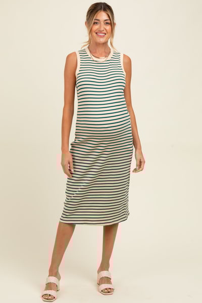 PinkBlush Deep Teal Striped Ribbed Knit Sleeveless Maternity Midi Dress