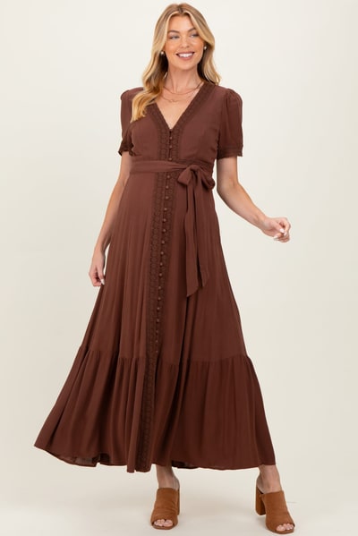 PinkBlush Brown Lace Trim Button Down Maternity Maxi Dress