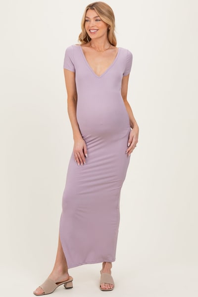 PinkBlush Lavender Basic Ribbed Side Slit Maternity Midi Dress