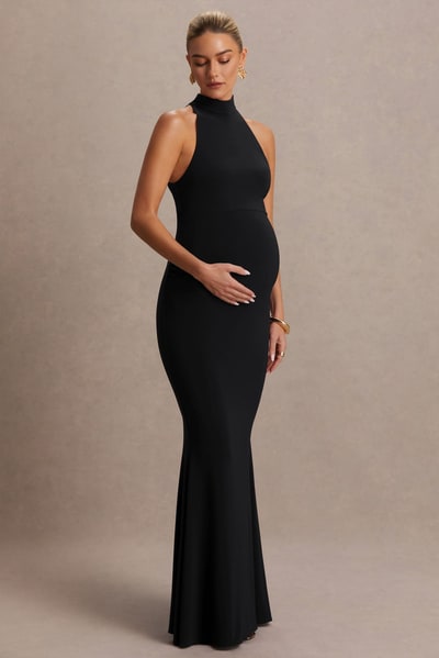 Club L London Kaia | Black Halter-Neck Maternity Dress
