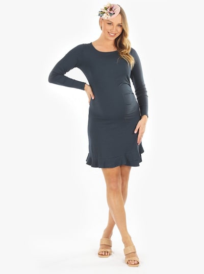 Angel Maternity Alethea Teal Long Sleeve Maternity Frilled End Bodycon Dress