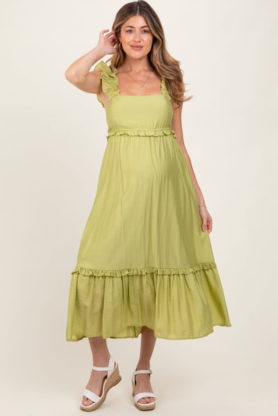 PinkBlush Lime Ruffle Strap Square Neck Maternity Midi Dress