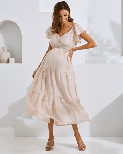 Angel Maternity Lila Baby Shower Maternity Dress in Nude Pink