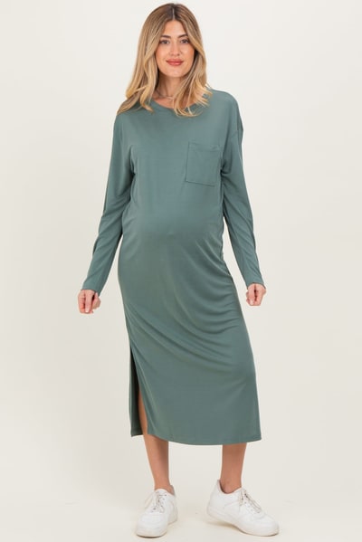 PinkBlush Light Olive Oversized Long Sleeve Maternity Midi Dress