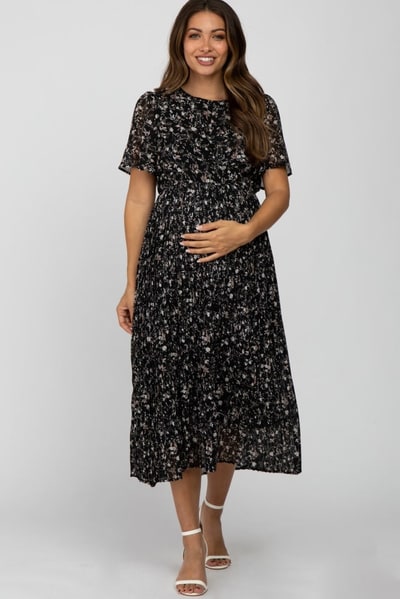 PinkBlush Black Floral Pleated Short Sleeve Chiffon Maternity Midi Dress