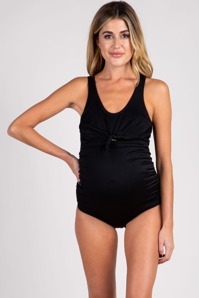 PinkBlush PinkBlush Black Ribbed Front Knot One-Piece Maternity Swimsuit