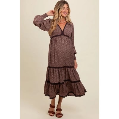 Target Pinkblush Brown Floral Lace Trim Bubble Sleeve Maternity Maxi Dress Small